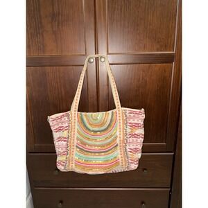 AMERICA & BEYOND Large Vibrant Hand Embellished Rainbow Hand Beaded Tote Bag